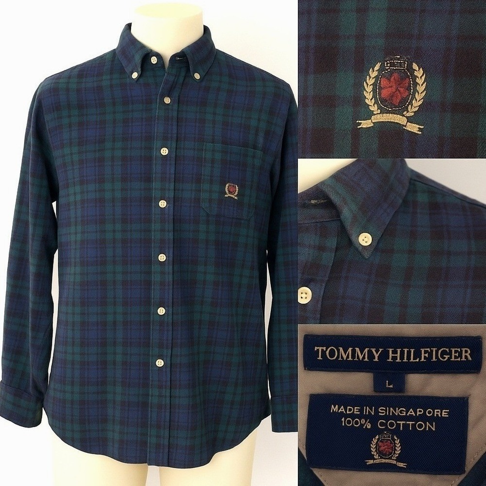 Tommy Hilfiger Shirt‎ Men L Plaid Button Down Crest Logo Vintage 90s Y2K Preppy